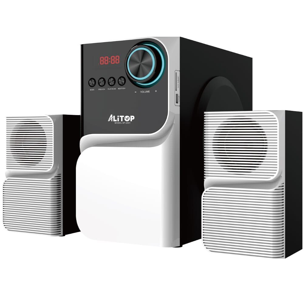système audio Alitop Woofer SP-2501 est un ensemble Hi-Fi / Home-Cinéma compact de couleur noir et blanc, d'une puissance de 40 W RMS.